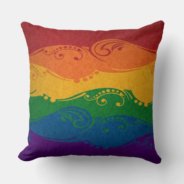 Fancy Swooped and Swirled LGBTQ Pride Rainbow Flag Throw Pillow (Front)
