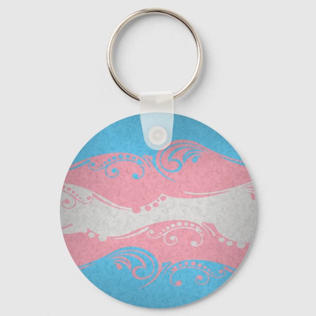 Fancy Swooped and Swirled Transgender Pride Flag Keychain (Front)