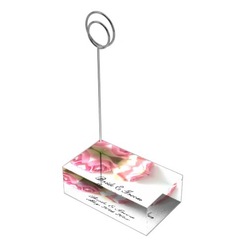 Fancy table card holder with pink wedding rose pic