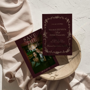 Fancy Tamarind Burgundy Floral Photo Retro Wedding Save The Date