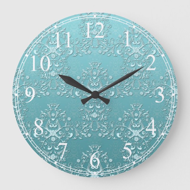 Fancy Teal Aqua Turquoise and White Damask Large Clock (Front)