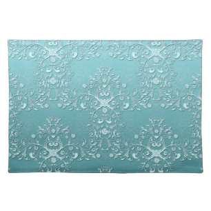 Fancy Teal Aqua Turquoise and White Damask Placemat