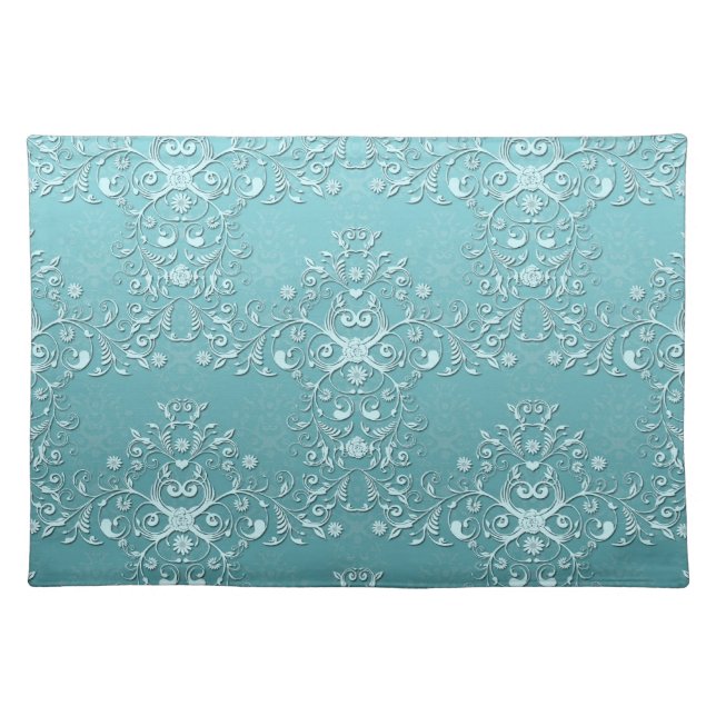 Fancy Teal Aqua Turquoise and White Damask Placemat (Front)