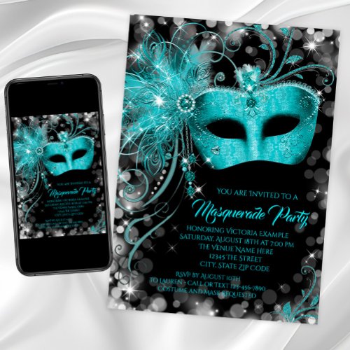 Fancy Teal Blue Glitter Masquerade Party  Invitation