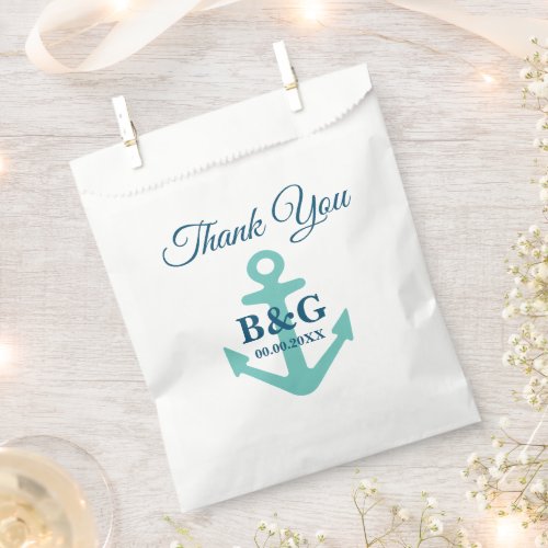 Fancy teal blue nautical anchor logo wedding favor bag