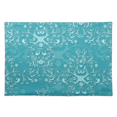 Fancy Teal Floral Damask Pattern Cloth Placemat