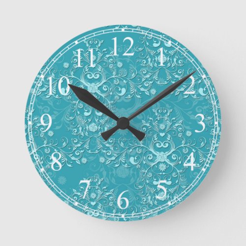 Fancy Teal Floral Damask Pattern Round Clock