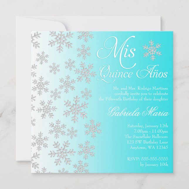 Fancy Teal Snowflake Winter Wonderland Quinceanera Invitation (Front)