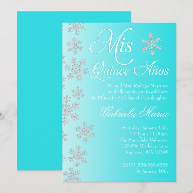 Fancy Teal Snowflake Winter Wonderland Quinceanera Invitation (Front/Back)