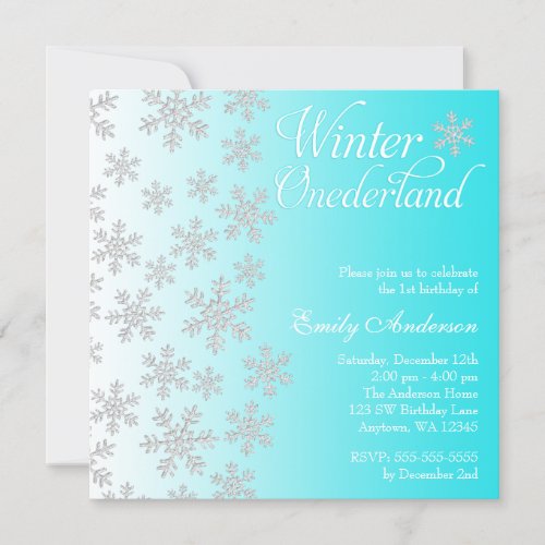 Fancy Teal Snowflakes Winter Onederland Birthday Invitation