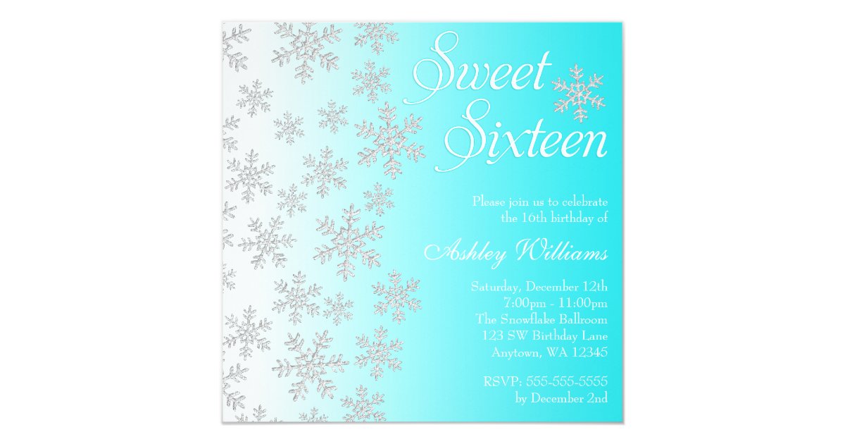 Fancy Teal Snowflakes Winter Wonderland Sweet 16 Invitation