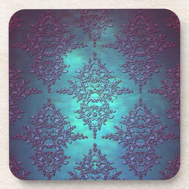 Fancy Teal to Purple Damask Pattern Beverage Coaster (Front)