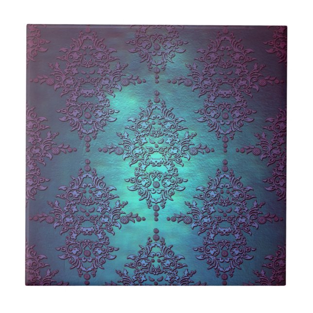 Fancy Teal to Purple Damask Pattern Ceramic Tile (Front)