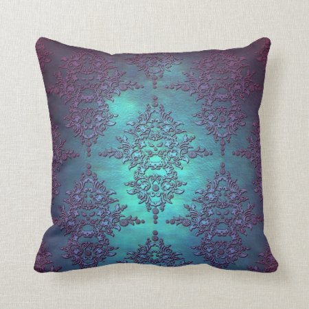 Fancy Teal To Purple Damask Pattern Throw Pillow