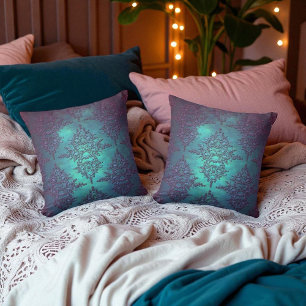Fancy Teal to Purple Damask Pattern Throw Pillow