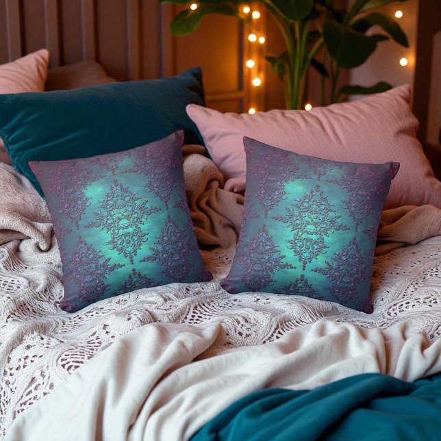 Fancy Teal to Purple Damask Pattern Throw Pillow (Creator Uploaded)