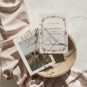 Fancy Terracotta Burnt Orange Floral Photo Wedding Save The Date