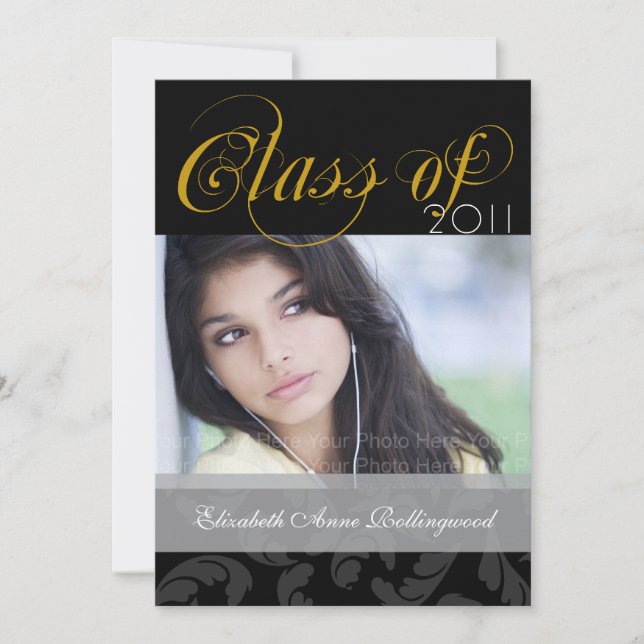 Fancy Text Graduation: Black & Gold Invitation (Front)
