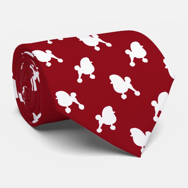 Fancy Toy Poodle Dog Silhouettes Pattern Red Tie (Rolled)