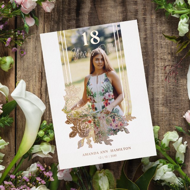 Fancy Trendy Arch Floral Birthday Party Photo Foil Invitation (Creator Uploaded)