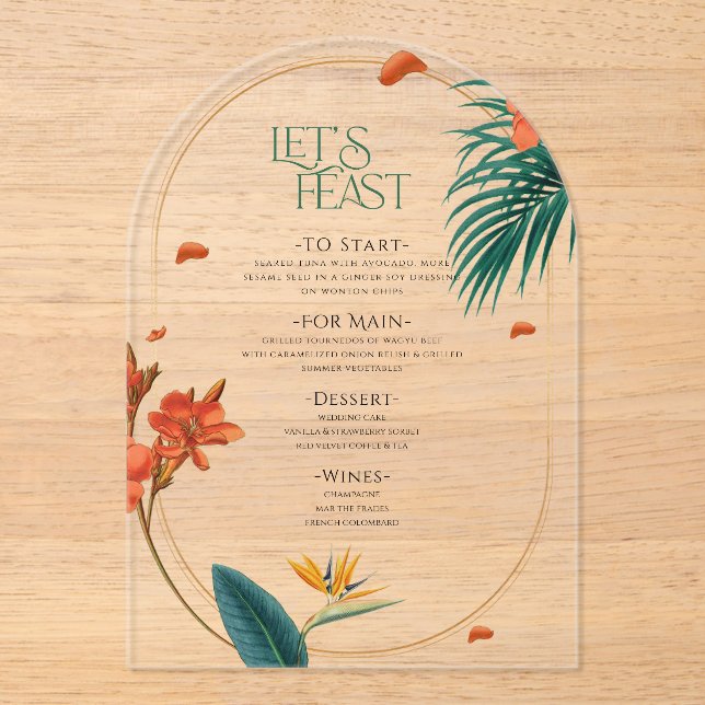 Fancy Tropical Flowers Wedding Menu Acrylic Invitations (Front)