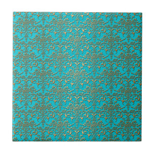 Fancy Turquoise and Gold Damask Pattern Tile