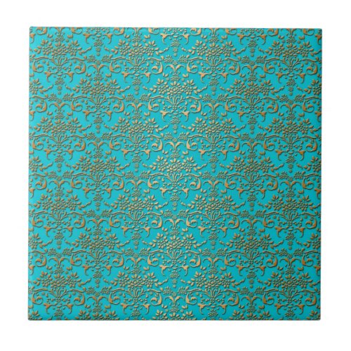 Fancy Turquoise and Gold Damask Pattern Tile