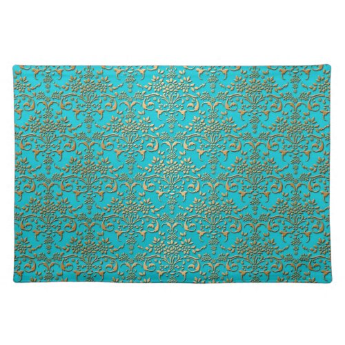 Fancy Turquoise Gold Damask Pattern Cloth Placemat