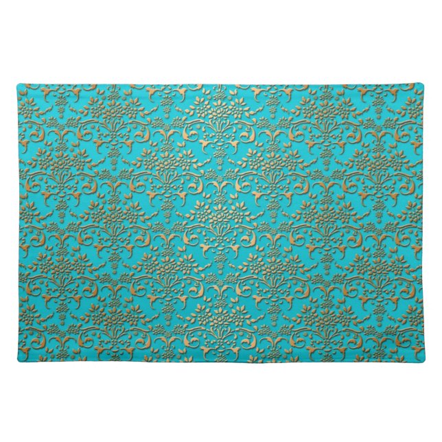 Fancy Turquoise Gold Damask Pattern Cloth Placemat (Front)