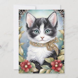 Fancy Tuxedo Cat Winter Flora Frame Holiday Card