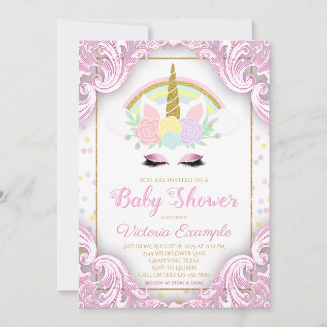 Fancy Unicorn Baby Girl Shower Invitations (Front)
