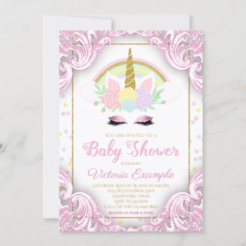 Fancy Unicorn Baby Girl Shower Invitations