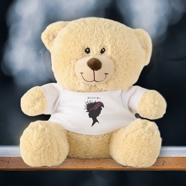Fancy Victorian Black Silhouette Bust of Lady Pink Teddy Bear (Cute Teddy with shirt that has romantic Victorian lady in pink fancy hat in black silhouette.)