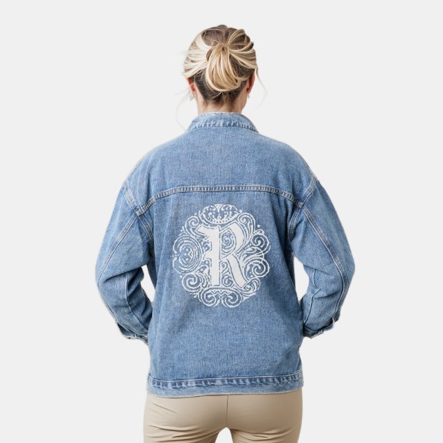 Fancy Victorian Calligraphy Monogram R Womens Denim Jacket (Model)