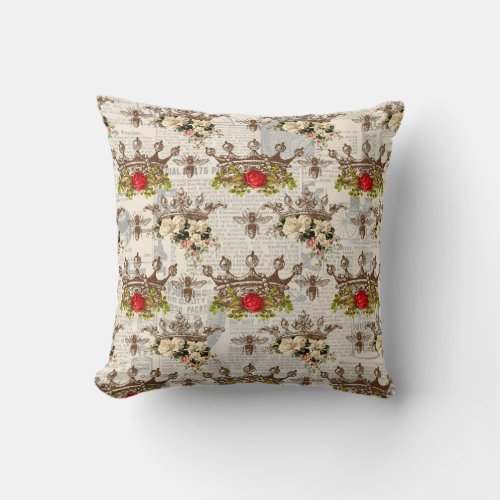 Fancy Vintage Bees  Crowns Throw Pillow
