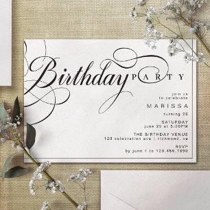 Fancy Vintage Calligraphy Black and White Birthday Invitation