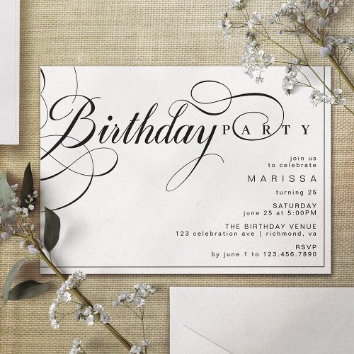 Fancy Vintage Calligraphy Black and White Birthday Invitation