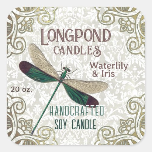 Fancy Vintage Dragonfly Handcrafted Soy Candle   Square Sticker