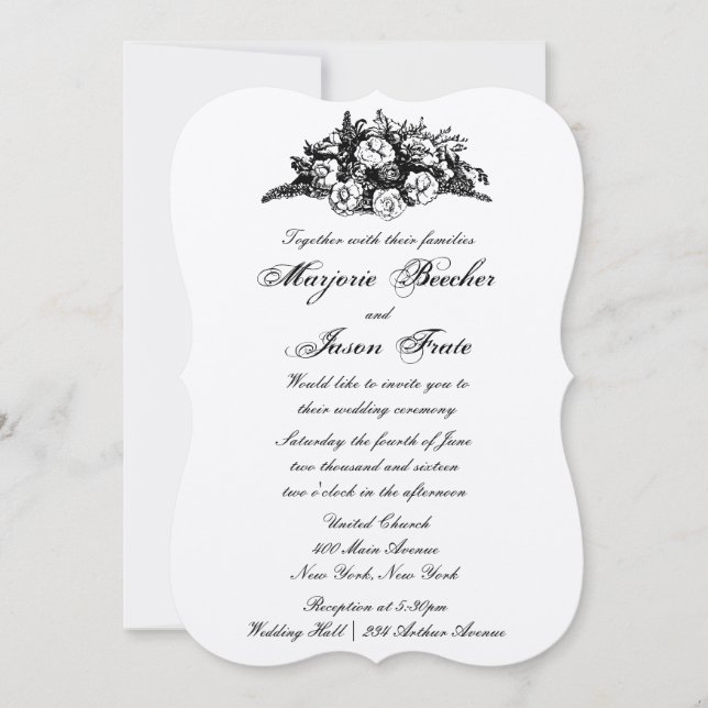 Fancy Vintage Flowers Wedding Invitation Black (Front)