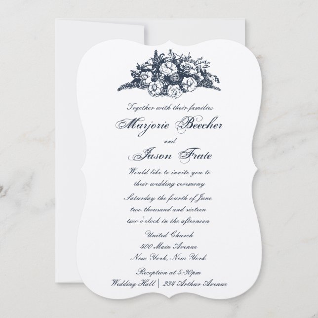Fancy Vintage Flowers Wedding Invitation Blue (Front)