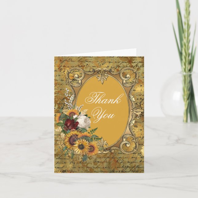 Fancy Vintage Sunflower Frame  Thank You Card (Front)