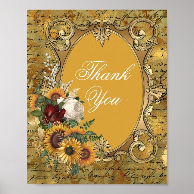 Fancy Vintage Sunflower Frame Thank You Poster (Front)