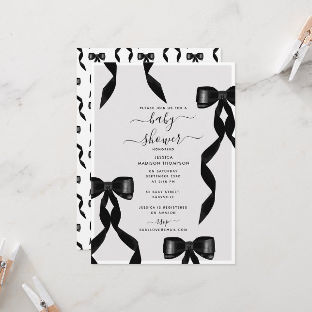 Fancy Watercolor Black Bow Formal Baby Shower Invitation (Front/Back In Situ)