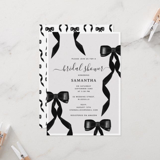 Fancy Watercolor Black Bow Formal Bridal Shower Invitation (Front/Back In Situ)