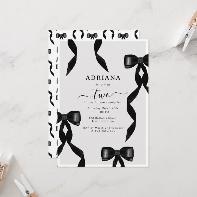 Fancy Watercolor Black Bow Formal Kids Birthday Invitation (Front/Back In Situ)
