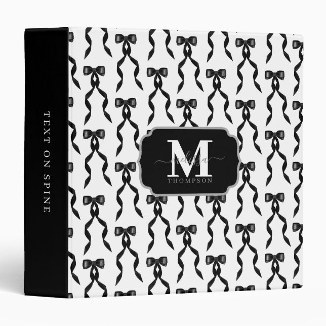 Fancy Watercolor Black Bow Monogrammed 3 Ring Binder (Front/Spine)