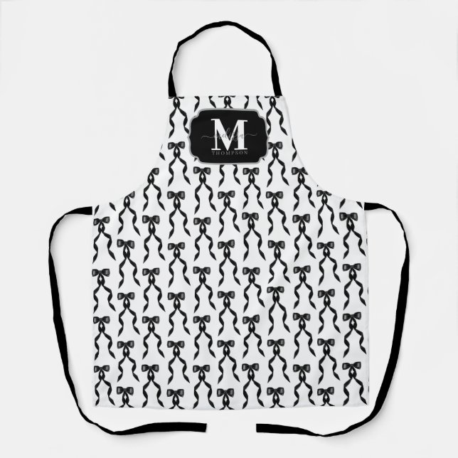 Fancy Watercolor Black Bow Monogrammed Apron (Front)