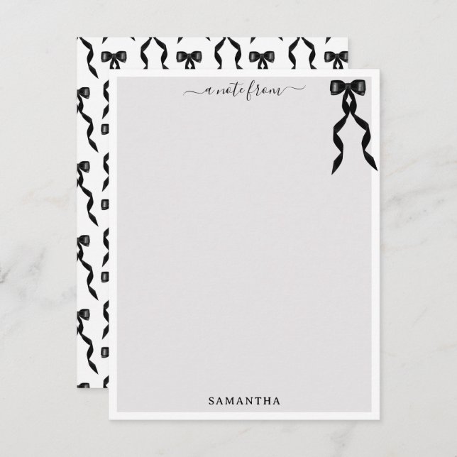 Fancy Watercolor Black Bow Personalized Note Card (Front/Back)