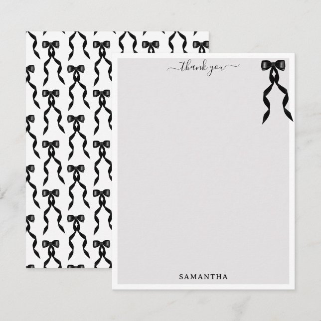 Fancy Watercolor Black Bow Personalized Thank You Card (Front/Back)