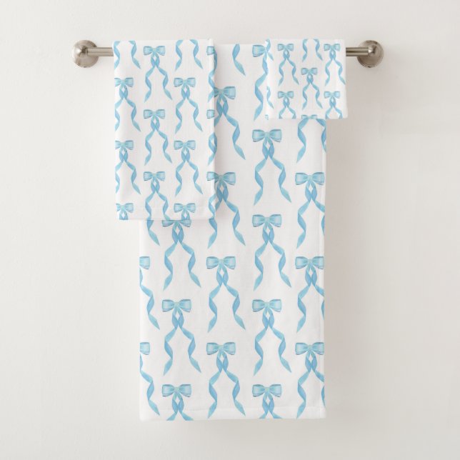 Fancy Watercolor Blue Bow  Bath Towel Set (Insitu)